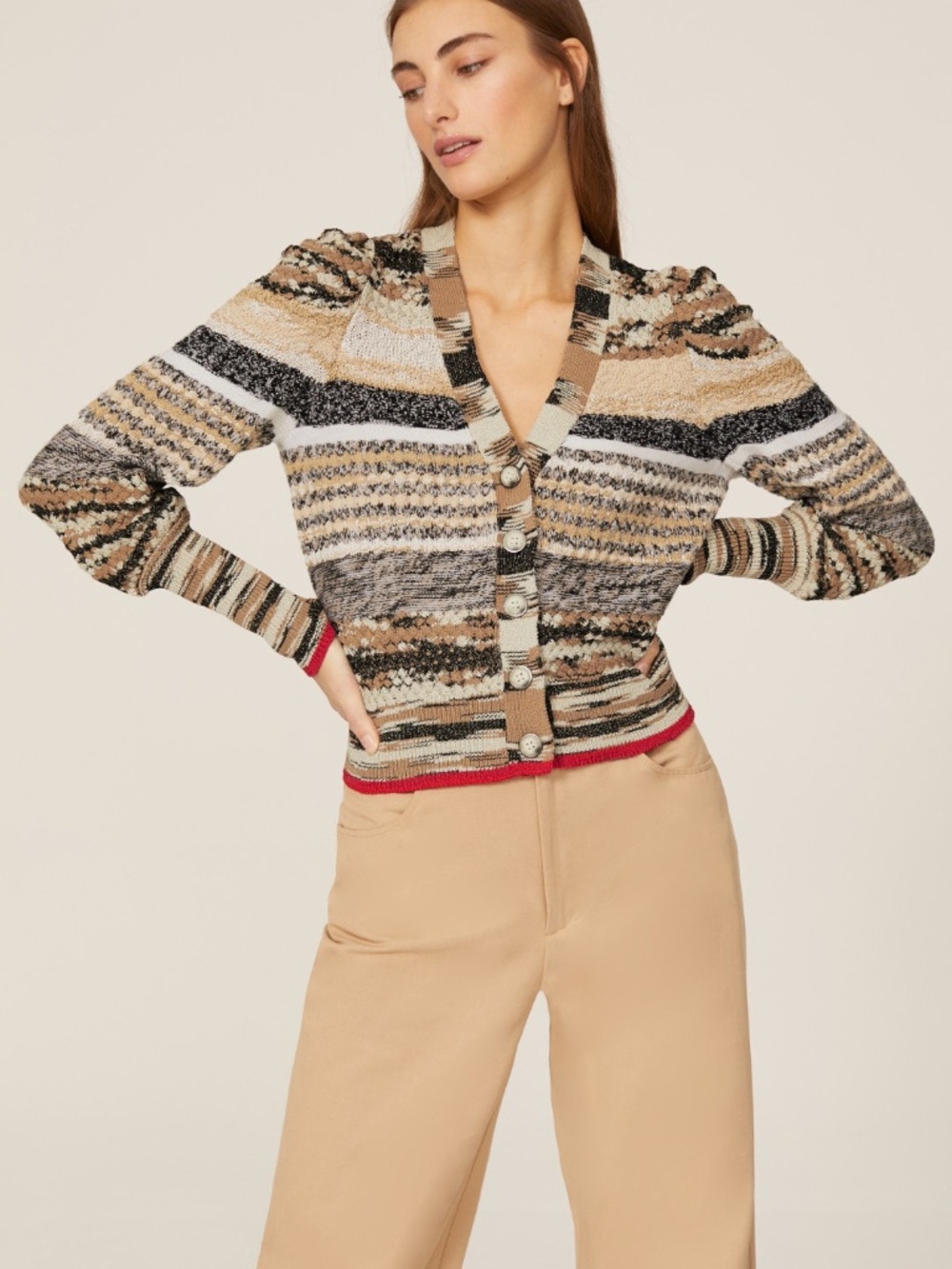 NWT $428 Veronica Beard Cecily Cardigan Sweater In Red/Camel/Black Size Small